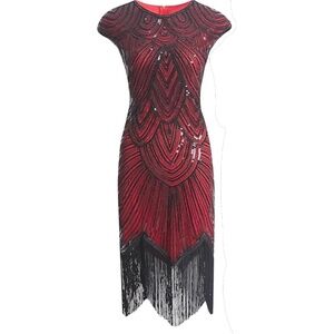 1920s Flapper Costume Dress Women's Size XL Maroon / Burgundy w/ Fascinator